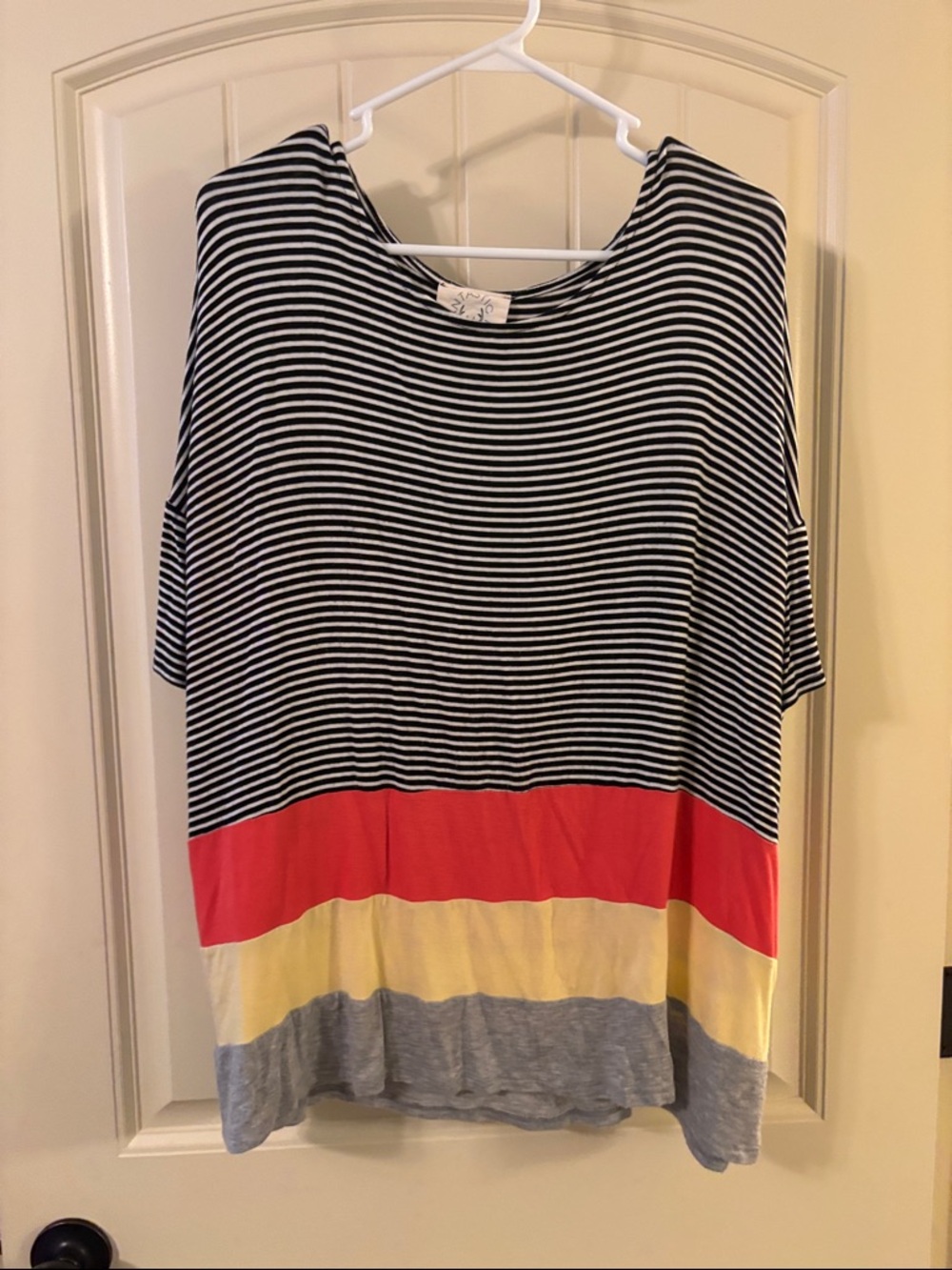 Striped Relaxed Fit Colorblock Top - Black/White, Red, Yellow, Gray